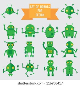 Set of green robots for design - vector illustration