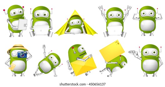 Set of green robots working on laptop and tablet computer. Cute green robots taking photo, lying in tent, holding envelope, showing his muscles. Vector illustration isolated on white background.