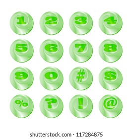 Set of green round  brilliant buttons with numbers and signs. Vector. eps 10