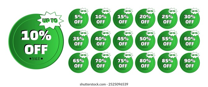 Set of green round discount labels. Up to 5, 10, 15, 20, 25, 30, 35, 40, 45, 50, 55, 60, 65, 70, 75, 80, 85, 90 percent off.