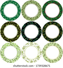 Set of green round frames; summer foliate wreaths for greeting cards, wedding cards, invitations, posters, banners, web design.