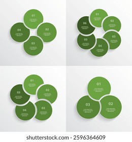 Set of green round infographic templates with 3, 4, 5 and 6 options, parts or processes.