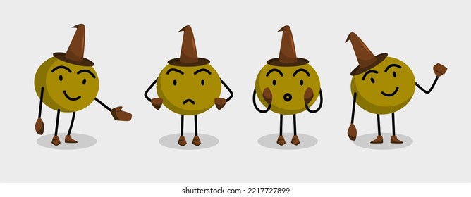 Set of green round mascot with witch hat in happy, angry, surprised, excited expressions. Suitable for brand identity, branding, marketing, promotion strategy
