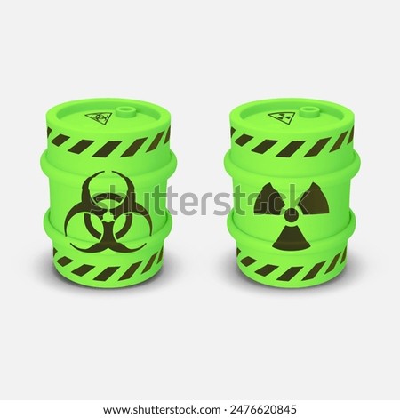 Set green round metal drum. 3D rendering. Vector illustration isolated on white. Barrel of toxic, radioactive waste. Dangerous chemical liquids, flammable gases, toxins, radiation. Biological hazard