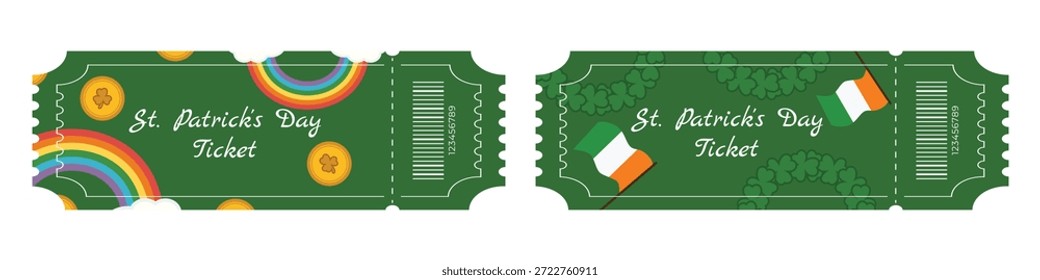Set von grünen Saint Patrick Day Festival Tickets mit Regenbogen Goldmünzen Irland Flagge und Shamrock Dekorationen