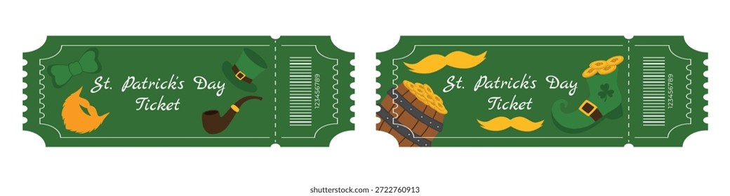 Conjunto de entradas verdes del festival del día de San Patricio con barril de oro tréboles barba sombrero botas mostaza y tubo