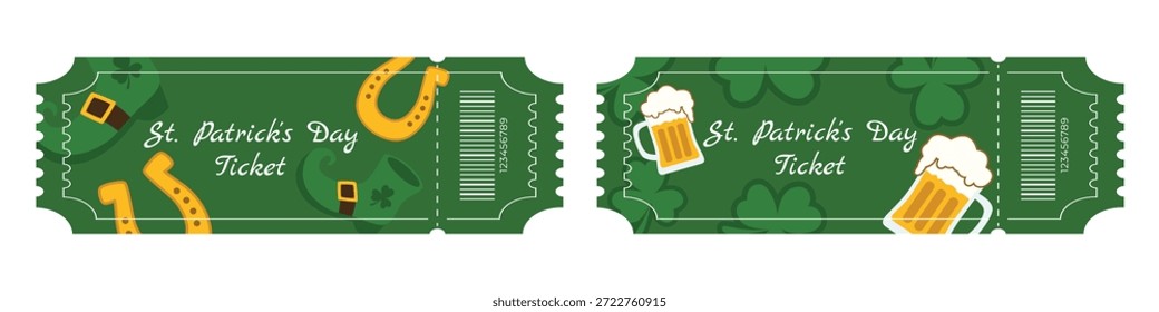 Conjunto de boletos verdes del festival del día de San Patricio con olla de cuentas y decoraciones de tréboles de cerveza de oro