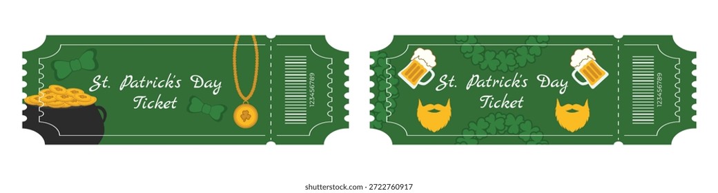 Conjunto de boletos verdes del festival del día de San Patricio con olla de cuentas y decoraciones de tréboles de cerveza de oro