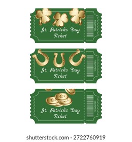 Conjunto de entradas verdes del festival del día de San Patricio con monedas de oro, tréboles y herraduras
