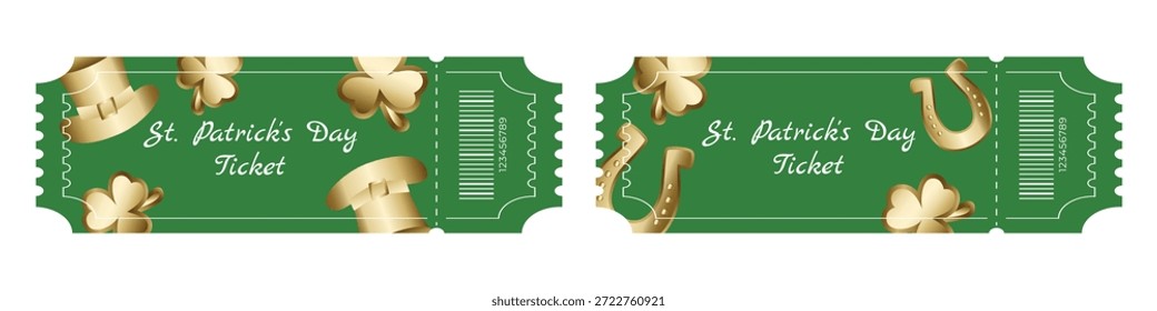 Set of green Saint Patrick Day festival tickets with gold hats shamrocks and horseshoes