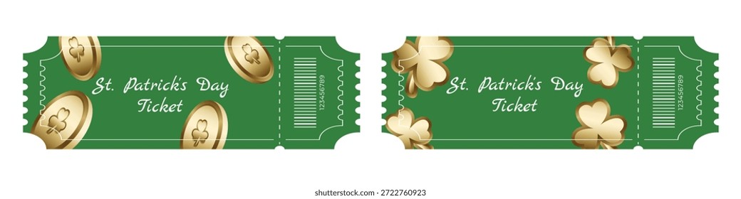Conjunto de entradas verdes del festival del Día de San Patricio con monedas de oro y tréboles