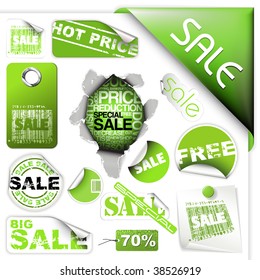 Set of green sale tickets, labels, stamps, stickers, corners, tags