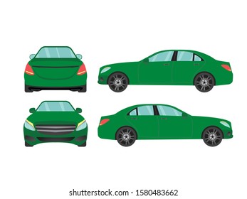 Set of green sedan car view on white background,illustration vector,Side, front, back