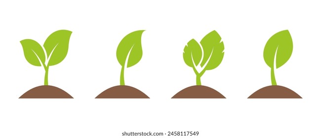 Set of green seedling. Sprout from ground. Grow young tree.