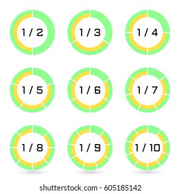 Set of green segmented ring diagrams with selected fraction. Templates sectoral graphs in flat style. Colorful elements for infographics. Vector