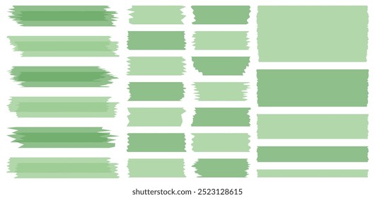 Set of green semi-transparent washi tapes isolated on white. Tapes collection in vector. Pieces of decorative tape for scrapbooks. Torn paper	