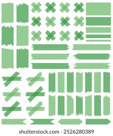 Set of green semi-transparent washi tapes isolated on white. Tapes collection in vector. Pieces of decorative tape for scrapbooks. Torn paper