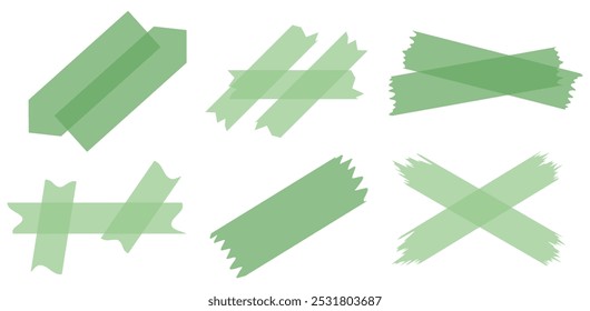 Set of green semi-transparent washi tapes isolated on white. Tapes collection in vector. Pieces of decorative tape for scrapbooks. Torn paper	