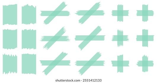 Set of green semi-transparent washi tapes isolated on white. Tapes collection in vector. Pieces of decorative tape for scrapbooks. Torn paper. Turquoise