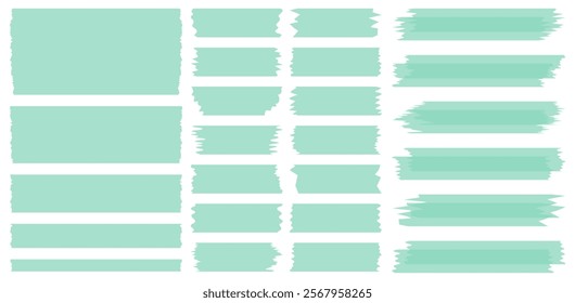 Set of green semi-transparent washi tapes isolated on white. Tapes collection in vector. Pieces of decorative tape for scrapbooks. Torn paper. Turquoise