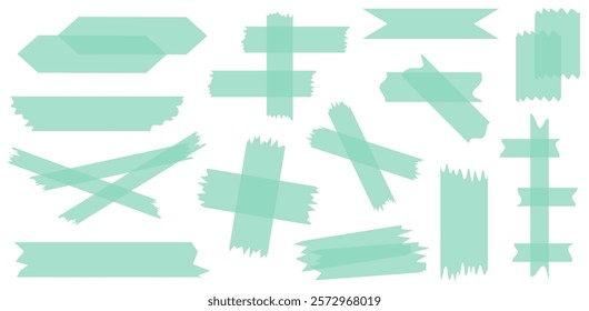 Set of green semi-transparent washi tapes isolated on white. Tapes collection in vector. Pieces of decorative tape for scrapbooks. Torn paper. Turquoise