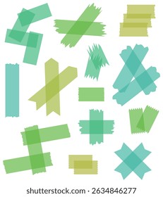 Set of green semi-transparent washi tapes isolated on white. Tapes collection in vector. Pieces of decorative tape for scrapbooks. Torn paper. Turquoise, blue