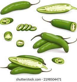 Set of green serrano Chile peppers. Whole, half, sliced, wedges of peppers. Chile serrano or serrano chilis. Chili pepper. Capsicum annuum. Vegetables. Vector illustration isolated on white background