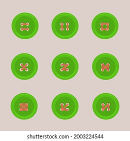 Set of green sewn buttons for clothes. Vector illustration.