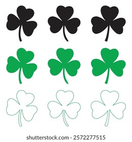 Set of Green Shamrock Clover Leaf Silhouette – St. Patrick’s Day Lucky symbol vector collection, isolated on transparent background