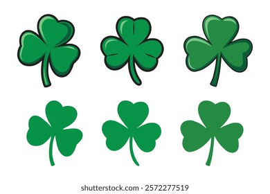 Set of Green Shamrock Clover Leaf in Cartoon and Flat Style – St. Patrick’s Day Lucky symbol vector collection, isolated on transparent background