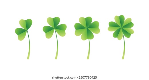 Set Green shamrock, cloverleaf, luck, clover symbols. Good luck with the leaf clover flat icon set isolated on a transparent background.