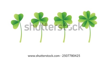 Set Green shamrock, cloverleaf, luck, clover symbols. Good luck with the leaf clover flat icon set isolated on a transparent background.