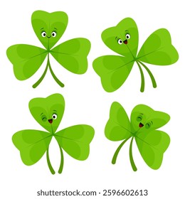Set of green shamrock leaf characters with eyes and smile