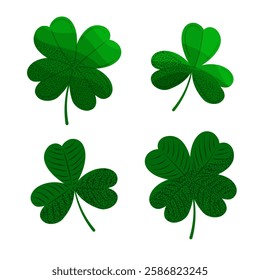 Set of green shamrocks with three and four leaves. luck symbols. Simple and decorative design for St. Patrick's Day