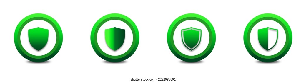 Set of green shield icons with shadows. Green gradient shield. Flat vector illustration.