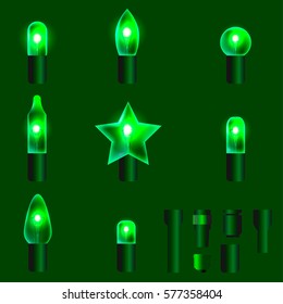 Set of green shining garland lights with holders isolated on background. Christmas, New Year party decoration realistic design elements. Glowing lights for Xmas. Holiday greeting design.