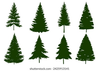 Set of green silhouette christmas tree isolated on white background