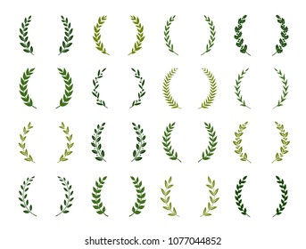 Set of green silhouette laurel foliate wreaths depicting an award, achievement, heraldry, nobility. Vector illustration.