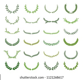 Set of green silhouette laurel foliate, olive, wheat and oak wreaths depicting an award, achievement, heraldry, nobility. Vector illustration.
