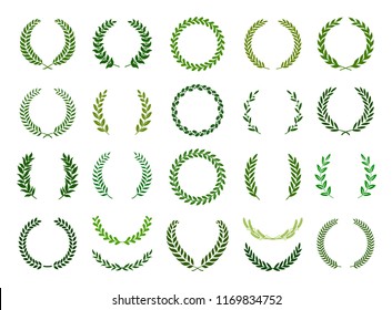 Set of green silhouette laurel foliate wreaths depicting an award, achievement, heraldry, nobility. Vector illustration.