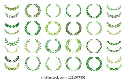 Set of green silhouette laurel foliate wreaths depicting an award, achievement, heraldry, nobility. Vector illustration.