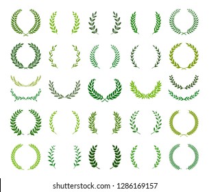 Set of green silhouette laurel foliate, wheat and olive wreaths depicting an award, achievement, heraldry, nobility. Vector illustration.