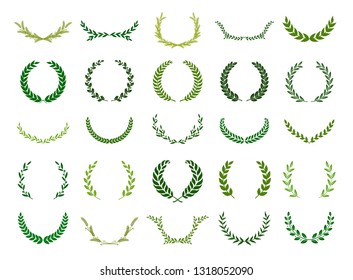 Set of green silhouette laurel foliate, wheat, oak and olive wreaths depicting an award, achievement, heraldry, nobility. Vector illustration.