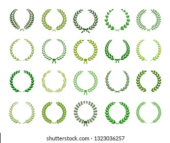 Set of green silhouette laurel foliate, wheat and olive wreaths depicting an award, achievement, heraldry, nobility. Vector illustration.