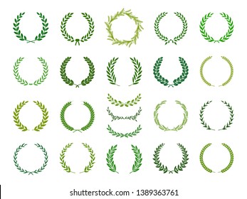 Set of green silhouette laurel foliate, wheat, oak and olive wreaths depicting an award, achievement, heraldry, nobility. Vector illustration.