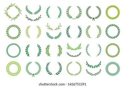 Set of green silhouette laurel foliate, wheat and olive wreaths depicting an award, achievement, heraldry, nobility. Vector illustration.