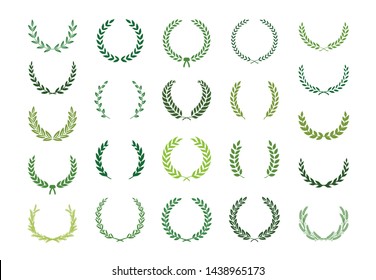 Set of green silhouette laurel foliate, wheat and olive wreaths depicting an award, achievement, heraldry, nobility. Vector illustration.