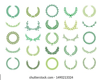 Set of green silhouette laurel foliate and olive wreaths depicting an award, achievement, heraldry, nobility, emblem. Vector illustration.