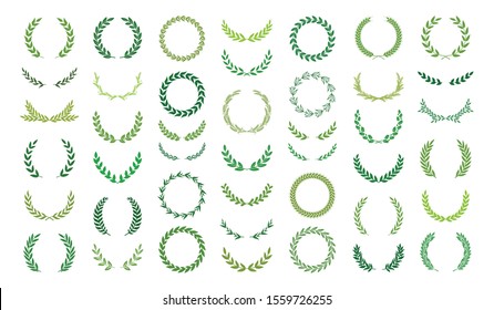 Set of green silhouette laurel foliate, oak, olive  and wheat wreaths depicting an award, achievement, heraldry, nobility, decoration, emblem. Vector illustration.