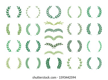 Set of green silhouette laurel foliate, oak  and wheat wreaths depicting an award, achievement, heraldry, nobility, decoration, emblem. Vector illustration.